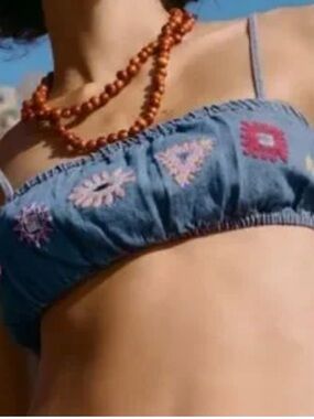 Zara Blue Embroidered Denim Bandeau Tank Top
